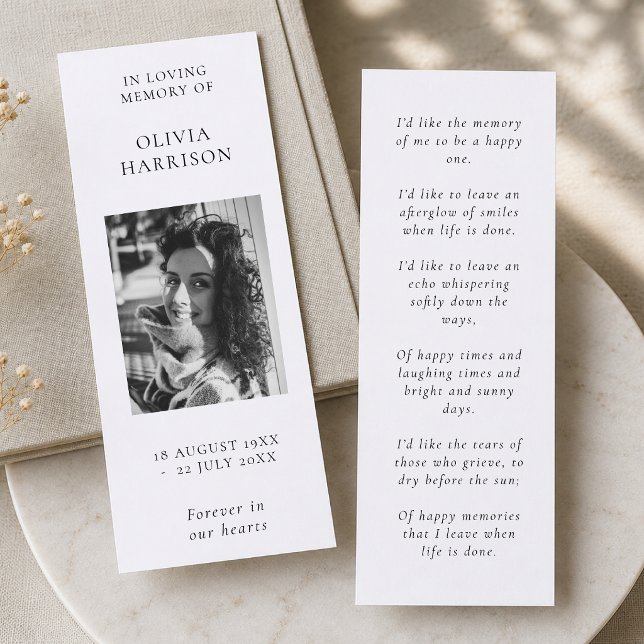 Mini Bookmark-kort för funktionellt minnesminne Visitkort (Mini memorial bookmark with photo and poem for funeral favors and keepsake tables.)
