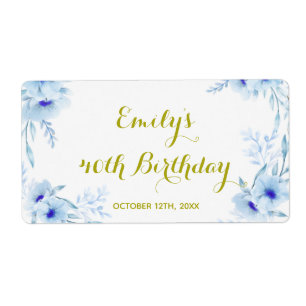 Mini-champagne flaska-etikett blommigt blå guld fraktsedel