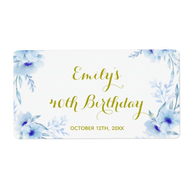 Mini-champagne flaska-etikett blommigt blå guld fraktsedel (Framsidan)