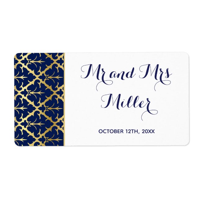 Mini champagnevinflasketikett marinblå guld fraktsedel (Framsidan)