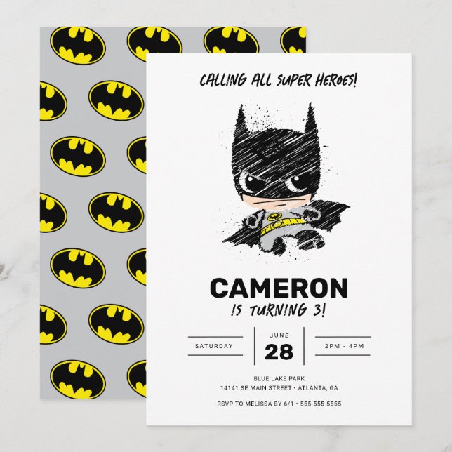 Mini Classic Batman Sketch Birthday Inbjudningar (Fram/baksida)