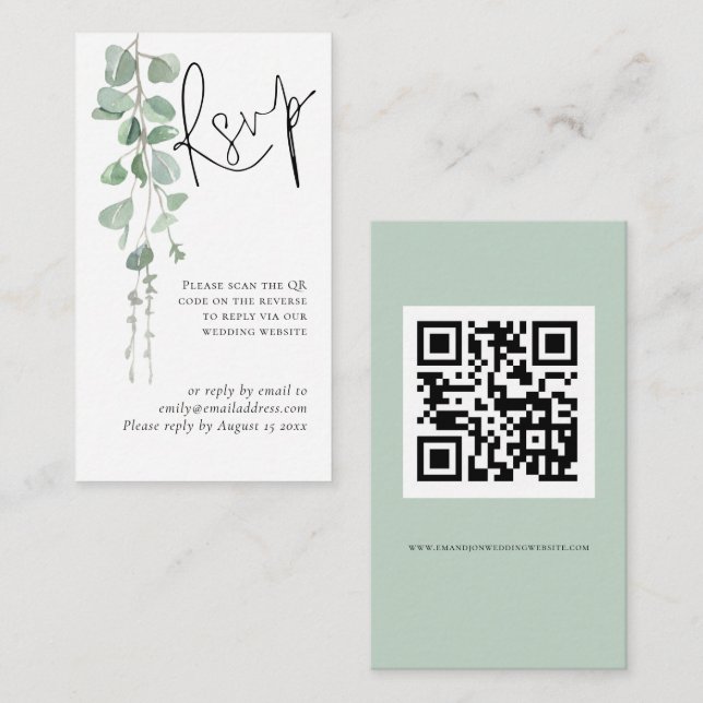 Mini Eucalyptus Script QR Code Bröllop OSA Tilläggskort (Fram/baksida)
