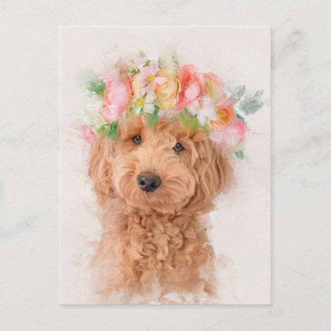 Mini Goldendoodle Hund Flower Krona Porträtt Vykort (Framsida)