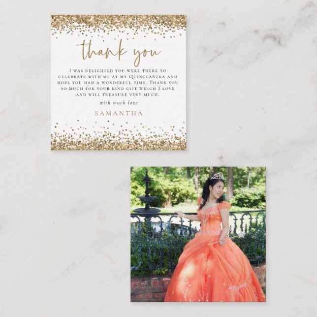 MINI Guld Glitter Photo Quinceañera Tack Anteckningskort (Fram/baksida)