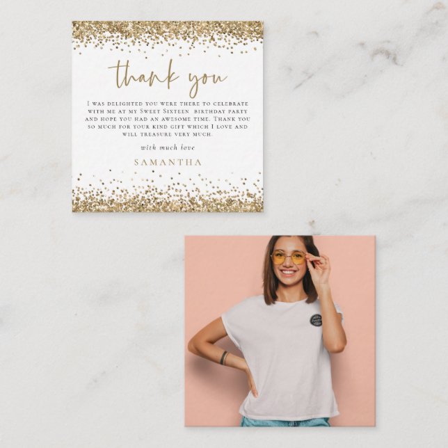 MINI Guld Glitter Photo Sweet sixteen Tack Anteckningskort (Fram/baksida)