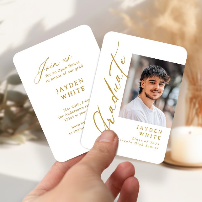 Mini Guld Modern Borst Skrift Foto Examen Tilläggskort (Mini Gold Modern Brush Script Photo Graduation Enclosure Card)