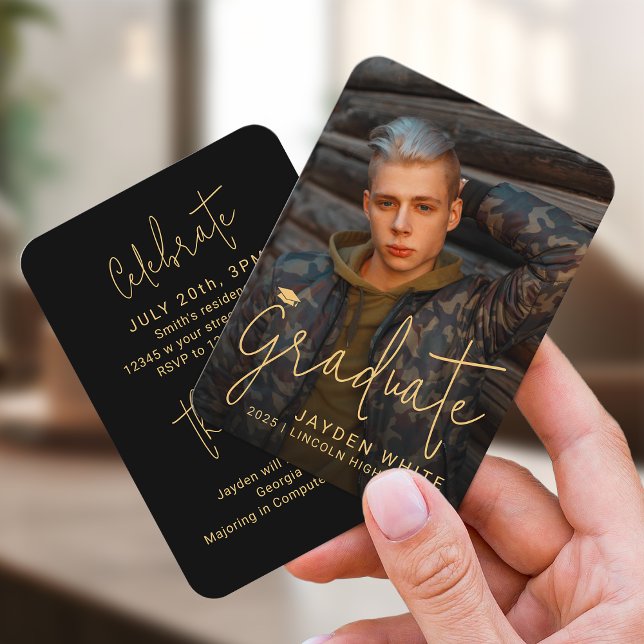 Mini Guld Modern skriptfoto Studenten Inbjudan (Mini Gold Modern Script Photo Graduation Invite)