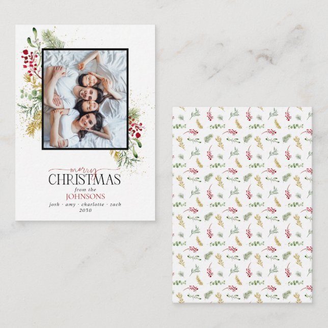 Mini Guld Winter Greenery God jul Photo Anteckningskort (Fram/baksida)