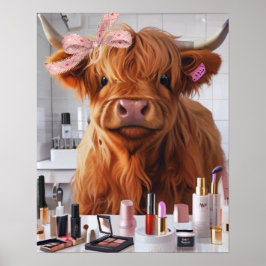 Mini Highland Cow Rosa Ribbon & Beauty Products Poster