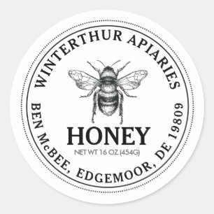 Mini Honung Mason Burk Lid Label med Bee on White Runt Klistermärke