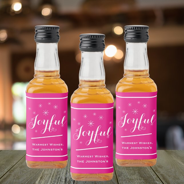 Mini i-familjen för Glatt Personlig i julklapp Spritflaskor Etikett ('Joyful' pink personalized mini liquor bottle labels.)