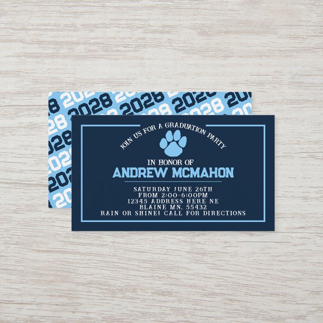 Mini-infogning av marin och blå Studenten / Friend Visitkort (Navy and Baby Blue Pawprint Mini Invitation for Friends or Open House Insert for Announcements)