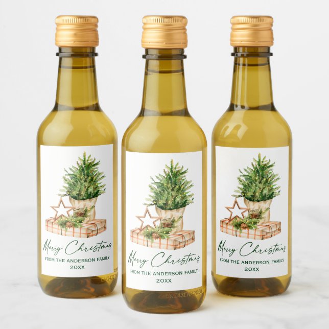 Mini med minimalistisk julklapp i vattenfärg vinetikett (Flaskor)