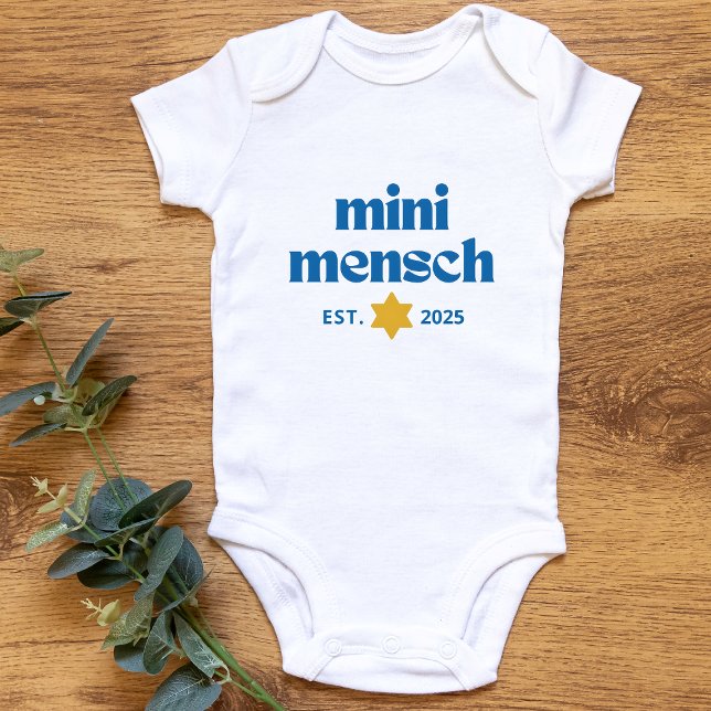 "Mini Mensch" Cute Funny Jewish Boy Modern Snyggt T Shirt (Celebrate the birth of your mini mensch with this customizable Jewish-themed baby attire)