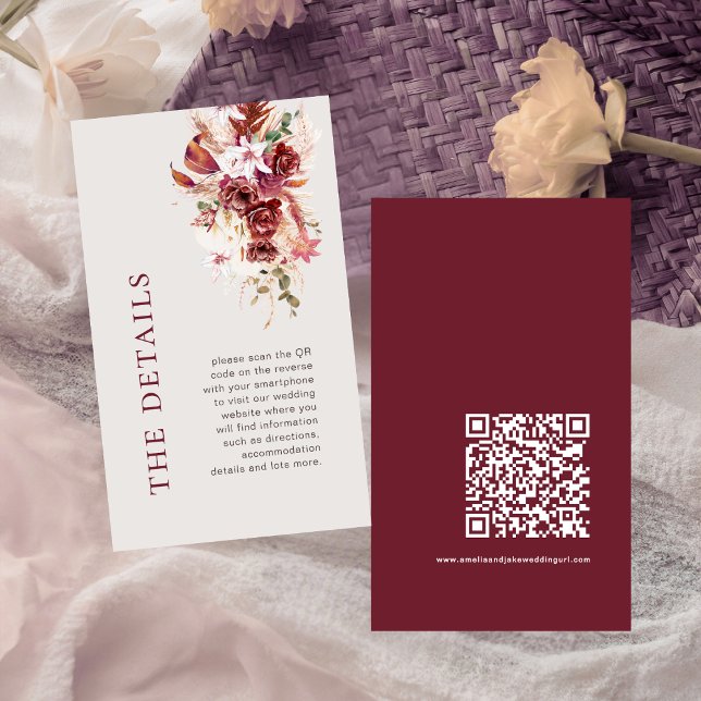 Mini Modern Burgundy Blush QR Code Wedding Details Tilläggskort (Skapare uppladdad)
