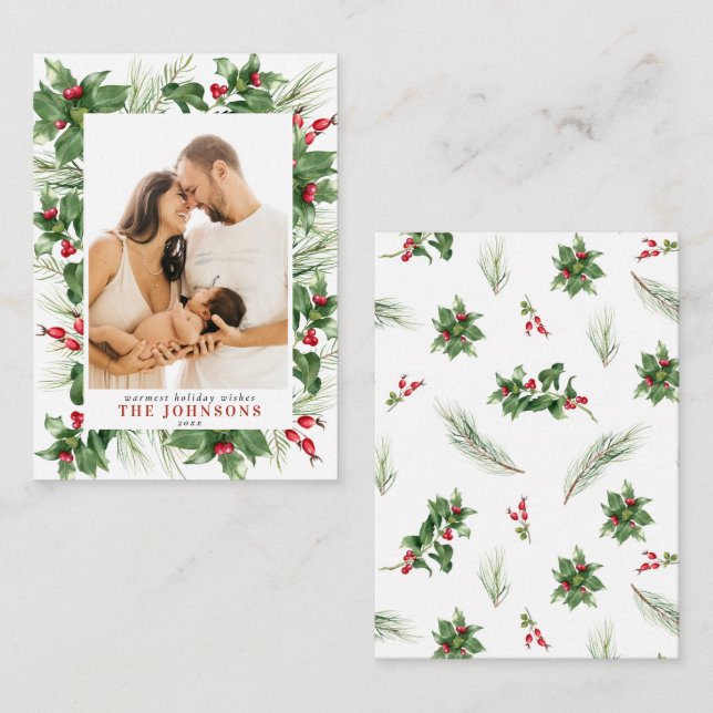Mini Modern Photo Holly Berry Greenery jul Anteckningskort (Fram/baksida)