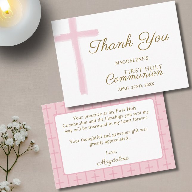 Mini Pink Cross  First Holy Communion Thank You Tilläggskort (Skapare uppladdad)