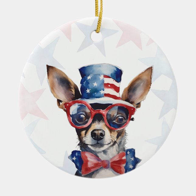 Mini Pinscher Dog, 4th of july Personalized Julgransprydnad Keramik (Framsidan)