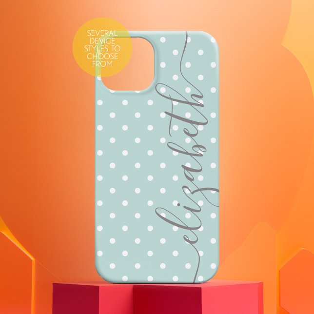 Mini Polka dots med grått namn pastel teal med skr (Personalized Phone Case with Custom Text)