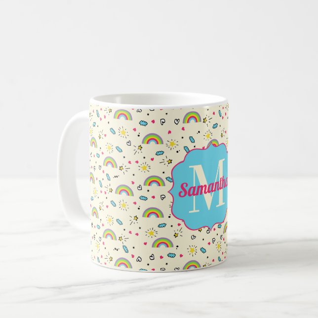 Mini regnbåge kast på gul retro mönster monogram kaffemugg (Framsida vänster)
