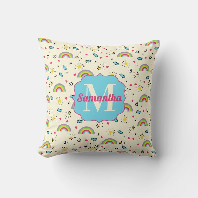 Mini Regnbåge Kast på Gul Retro Mönster Monogram Kudde (Framsida)