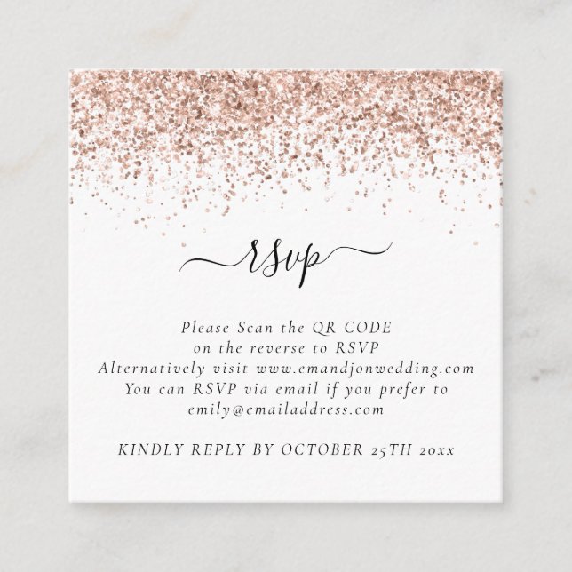 Mini Rosa Guld Glitter QR-kod Bröllop RSVP Tilläggskort (Framsida)