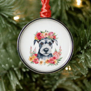 Mini Schnauzer Rosa Flowers Krona Red Gult White Julgransprydnad Metall