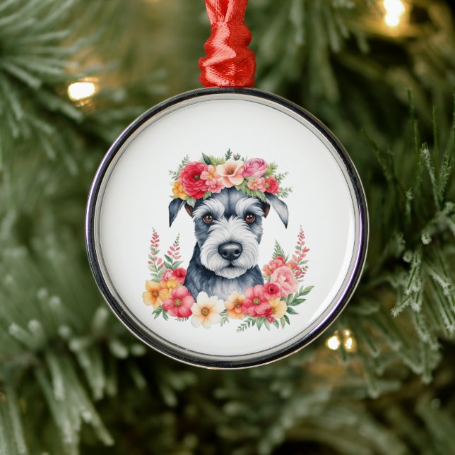 Mini Schnauzer Rosa Flowers Krona Red Gult White Julgransprydnad Metall (Träd)