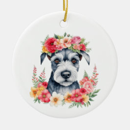 Mini Schnauzer Rosa Flowers Krona Red Gult White Julgransprydnad Metall