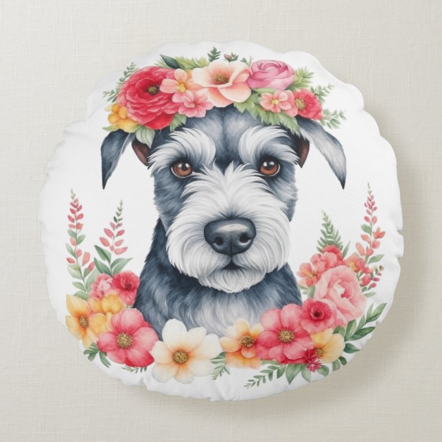 Mini Schnauzer Rosa Flowers Krona Red Gult White Rund Kudde (Framsidan)