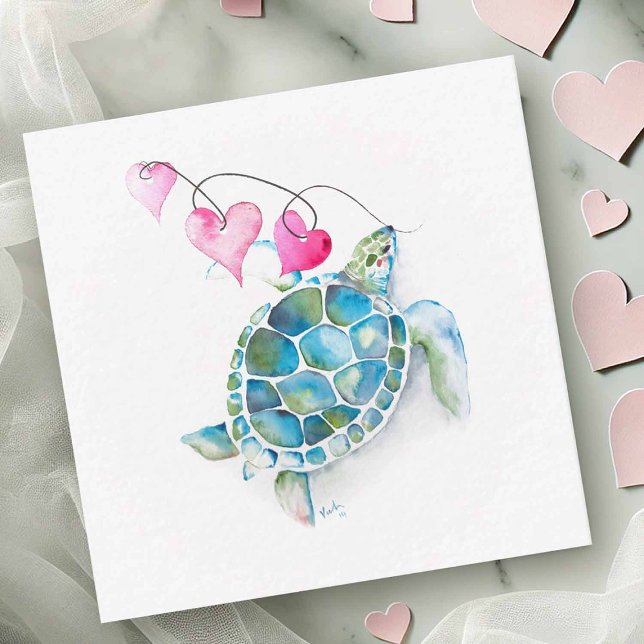 Mini Sea Turtle Valentines day Cards Anteckningskort (Beach Valentines cards with watercolor sea turtle and hearts)