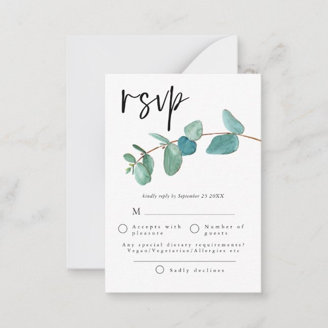 MINI STORLEK | Blue Eucalyptus löv Bröllop OSA Anteckningskort (Framsida)