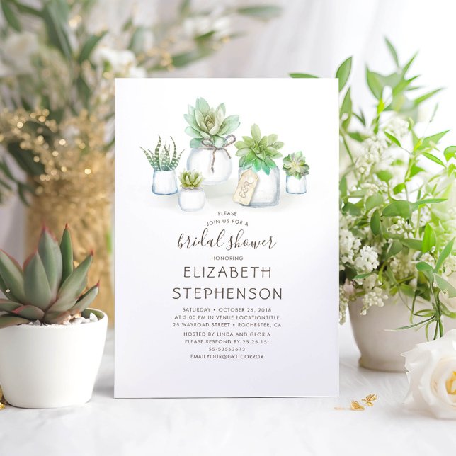 Mini Succulents Mason Burk Rustic Möhippa Inbjudningar (Small mason jars and succulents greenery rustic bridal shower invitations)