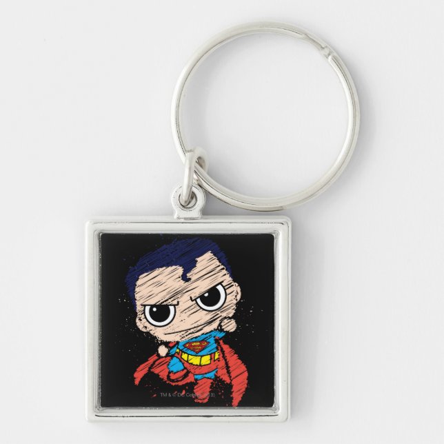 Mini Superman Sketch - Flygning Fyrkantig Silverfärgad Nyckelring (Framsidan)