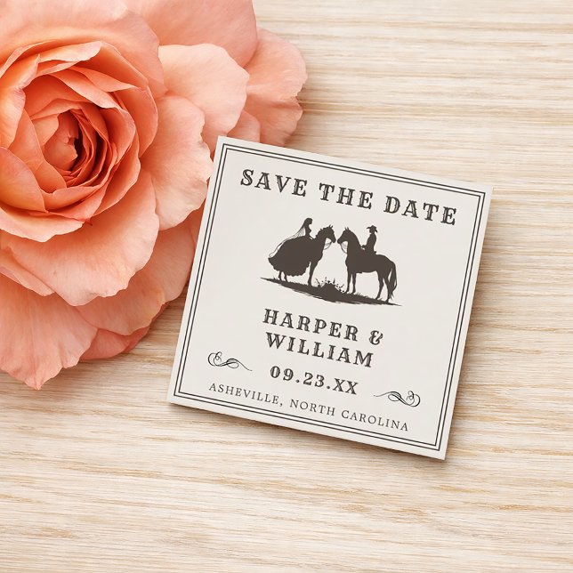 Mini västerländsk vigsel siluett ridning tilläggskort (Mini save the date cowboy wedding featuring silhouettes of a bride and groom on horseback.)