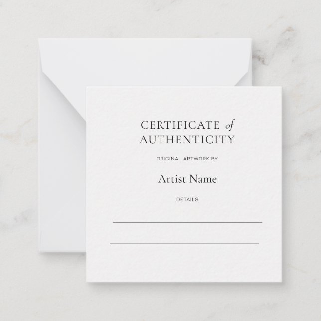 Mini White Certificate of Authenticity for Art  Anteckningskort (Framsida)