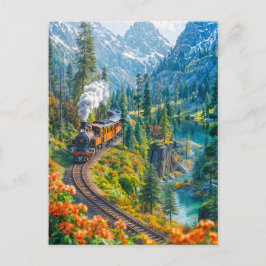 Miniånga tåg i alpina skogar helg vykort