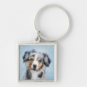 Miniature American Shepherd Painting - Hund Art Fyrkantig Silverfärgad Nyckelring