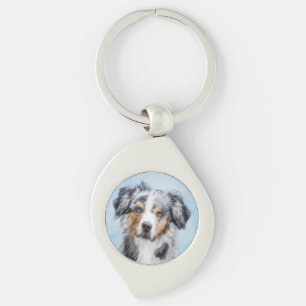 Miniature American Shepherd Painting - Hund Art Swirl Silverfärgad Nyckelring