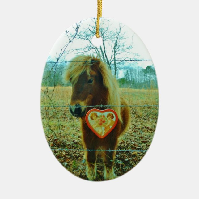Miniature Brown horse Valentine Heart Julgransprydnad Keramik (Framsidan)