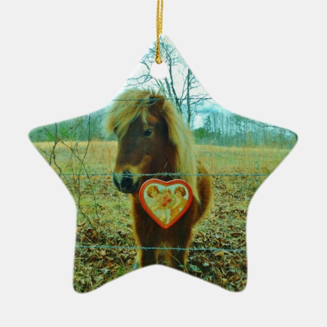Miniature Brown horse Valentine Heart Julgransprydnad Keramik (Framsidan)