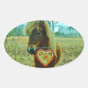 Miniature Brown horse Valentine Heart Ovalt Klistermärke