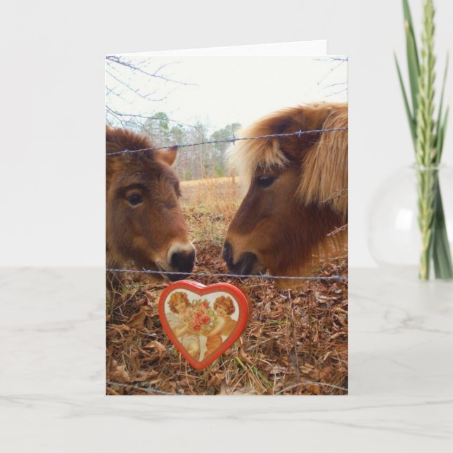 Miniature Donkey & Horse Valentine Heart Helgkort (Framsida)