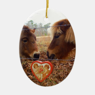 Miniature Donkey & Horse Valentine Heart Julgransprydnad Keramik