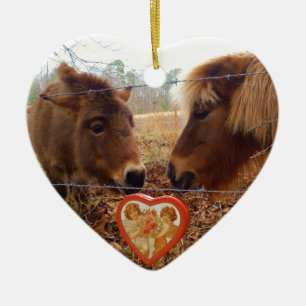 Miniature Donkey & Horse Valentine Heart Julgransprydnad Keramik
