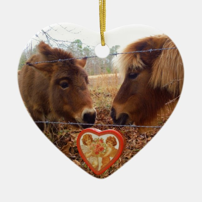 Miniature Donkey & Horse Valentine Heart Julgransprydnad Keramik (Framsidan)
