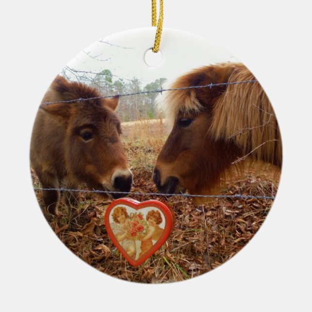 Miniature Donkey & Horse Valentine Heart Julgransprydnad Keramik (Framsidan)