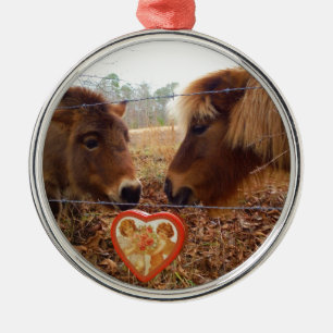 Miniature Donkey & Horse Valentine Heart Julgransprydnad Metall