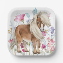 Miniature Horse and Wildblommor Pappra Tallrikar