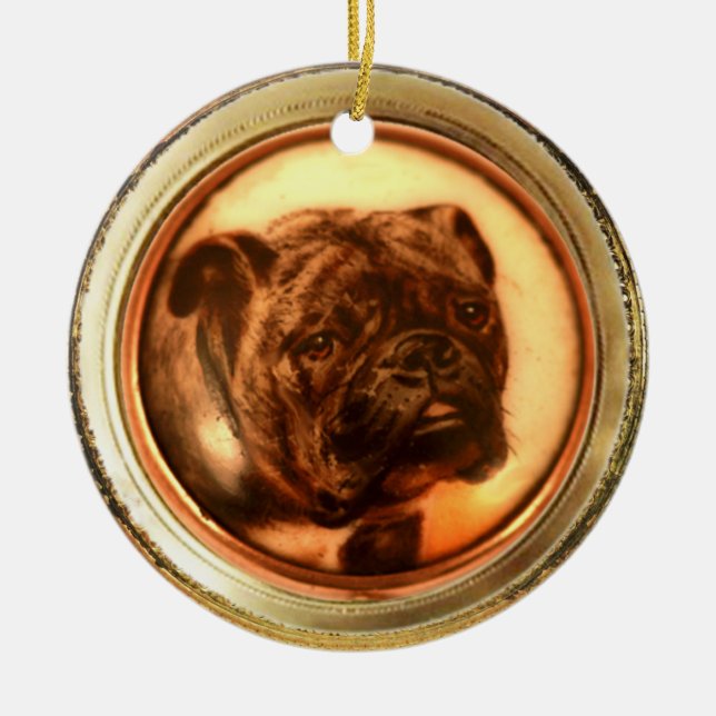 MINIATURE HUND PORTRÄTT Bulldog Julgransprydnad Keramik (Framsidan)